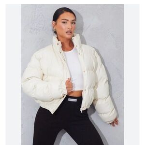 NWT Cream Puffer Bomber Jacket, leather like. Super warm, size S